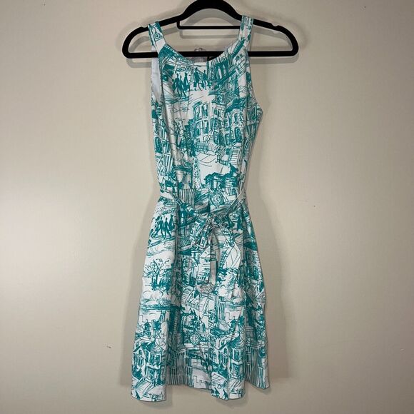 Chetta B Green & White Country Village Pattern Sleeveless Dress womens size 4 - Picture 1 of 9